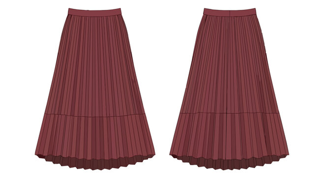 Women's Elegant Dark Red Long Pleated Skirt Fashion Flat Sketch Front and Back Template for Clothing Designers