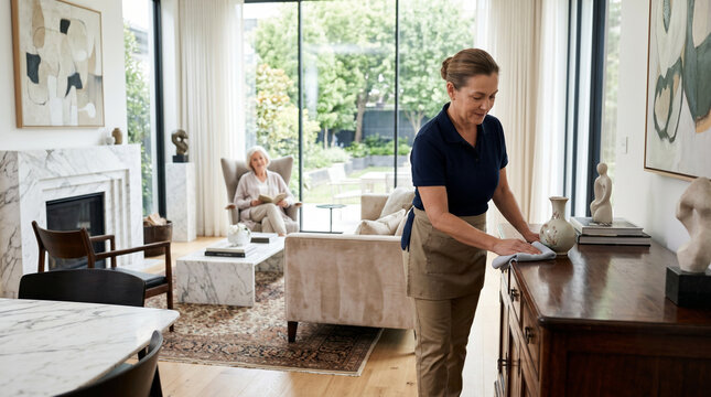Housekeeper in uniform dusting furniture in a luxury home
