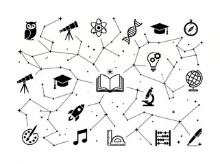Obraz premium Educational black silhouettes icons set connected by star constellations lines. Creative science, astronomy, and school learning concept.
