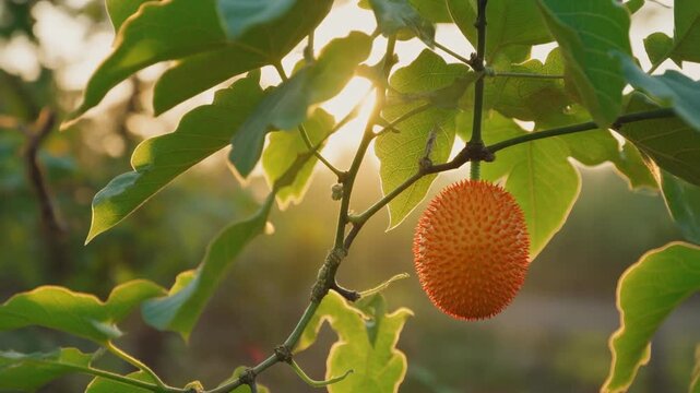 Fresh Gac Fruit Hanging on Vine with Warm Sunset Sunlight
