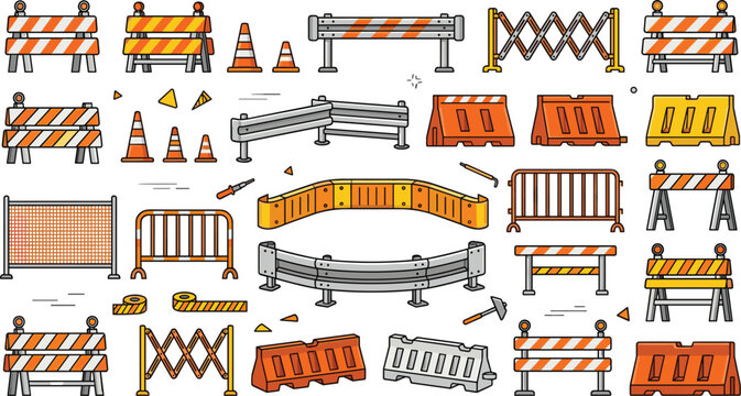 Road barrier and traffic construction safety vector collection set with orange barricades fence cones guardrails and warning signs isolated on white background for street security