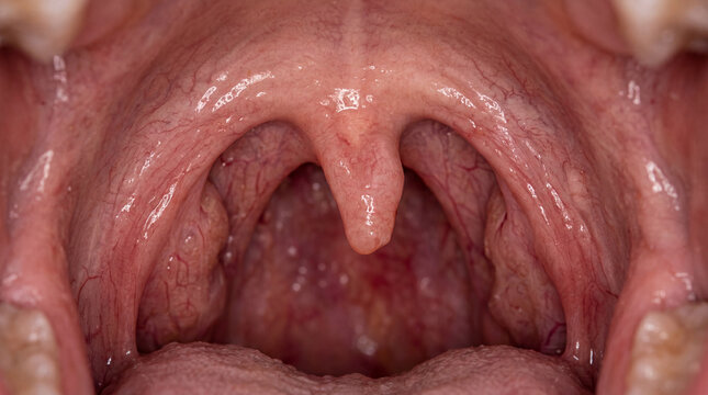 Close up view of human open mouth showing uvula and throat cavity