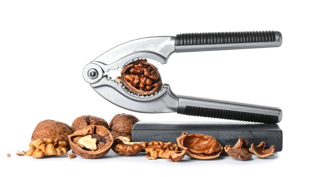 A large metal nutcracker with cracked nuts on black base