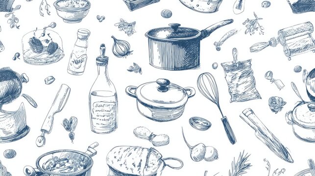 27.Hand drawn kitchen themed seamless pattern featuring cooking tools and ingredients, sketch style line art, repeatable background design