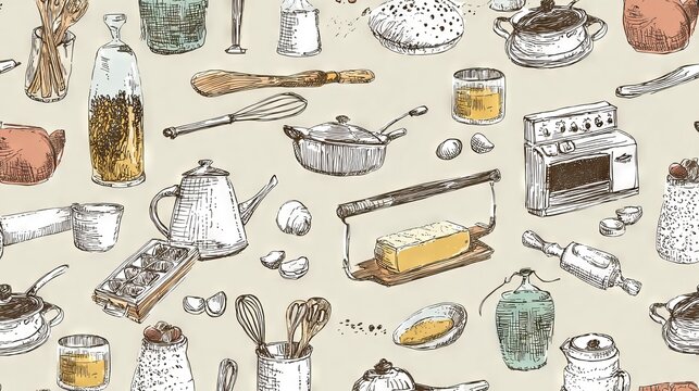 27.Hand drawn kitchen themed seamless pattern featuring cooking tools and ingredients, sketch style line art, repeatable background design