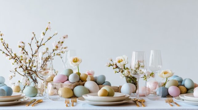 66.Stylish Easter table setting with spring elements, pastel color palette, modern minimal design, soft daylight, light background for festive food presentation