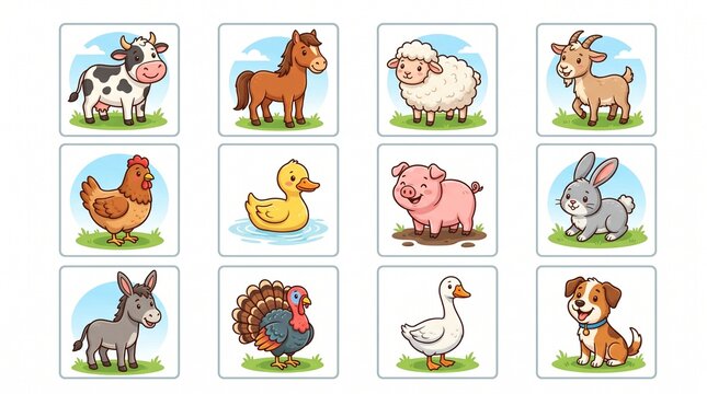 Cute farm animals cartoon vector illustration set. Friendly cow, horse, sheep, goat, chicken, duck, pig, rabbit, donkey, turkey, goose, and puppy dog.