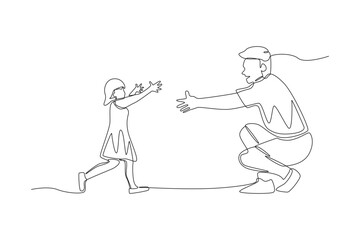 Fototapeta premium Single line drawing of a young daughter running with open arms toward her crouching father to embrace him, capturing a happy human family greeting moment in a clean minimalist vector style.