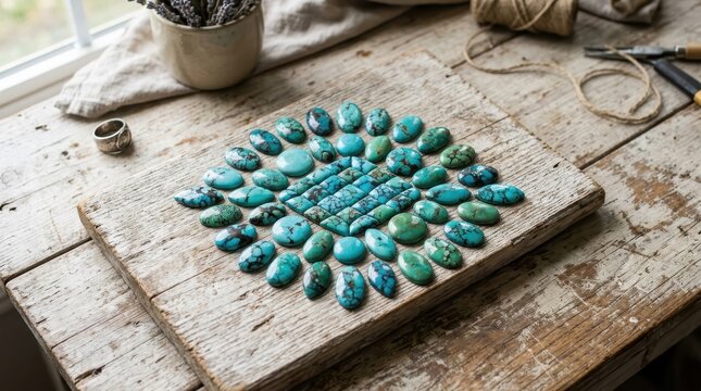 A Collection of Polished Turquoise Gemstones Arranged in a Diamond Pattern on a Rustic Wooden Surface