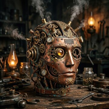 Vintage Steampunk Robot Head with Intricate Gears and Brass Machinery, Futuristic Mechanical Android Portrait in Workshop
