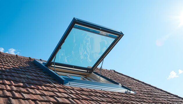Open skylight window installed on a tiled roof, showing modern home architecture, glass panels, and a bright outdoor view under a clear blue sky