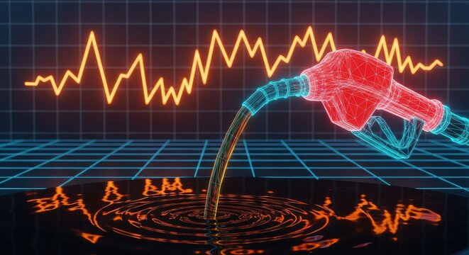Digital Wireframe Gas Pump Nozzle Pouring Fuel with Rising Stock Market Chart Background - Energy Price Concept