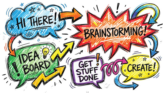 Hand drawn speech bubbles set for brainstorming creative ideas on a board