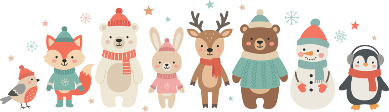 Christmas cute winter animal set with fox, bears, bunny, reindeer, snowman, penguin, bird and stars isolated on white background