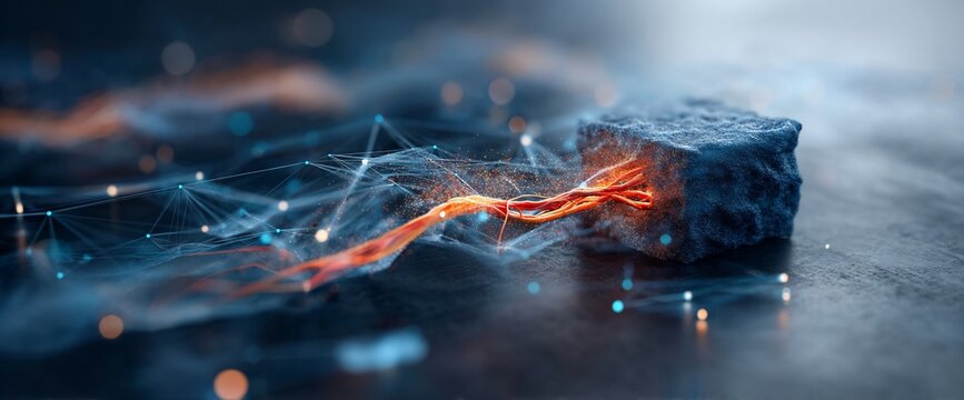 A glowing cube with energy flows through a network of connected points, particles in a dark blue environment