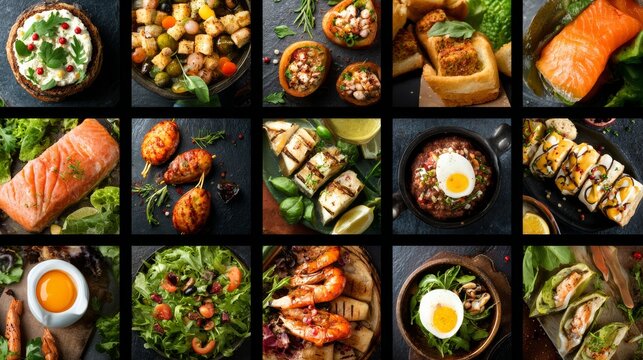 38.Food photo collage featuring a variety of popular European dishes, rich colors and textures, neatly arranged layout, appetizing culinary background concept