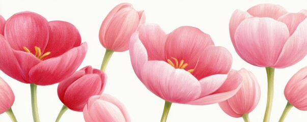 Fototapeta premium Beautiful bunch of soft pink tulip flowers blooming in panoramic garden arrangement
