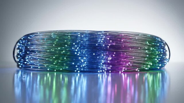 A coil of fiber optic strands glowing with multicolored lights, reflecting on a glossy surface, technology and data transfer concept