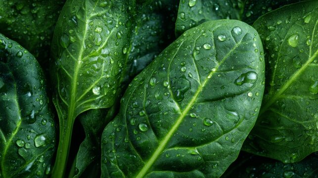 81.Fresh spinach leaf background with visible veins and water drops, close up perspective, vibrant green tones, healthy food texture concept