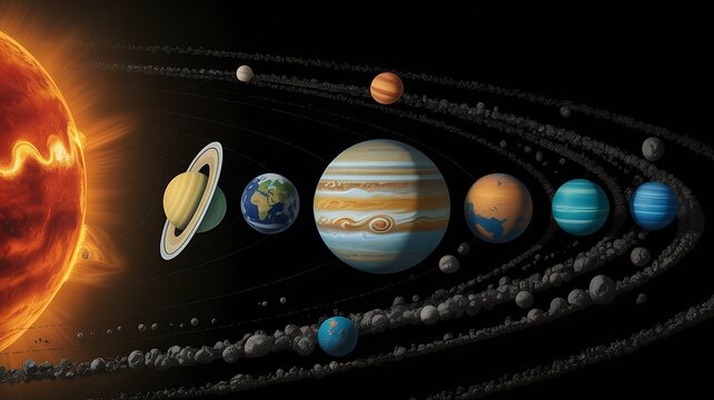 A detailed solar system diagram showing planets orbiting sun with moons