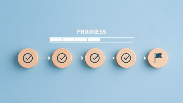 Project management timeline concept utilizing wooden circular blocks with checkmarks leading to a final destination flag on blue background