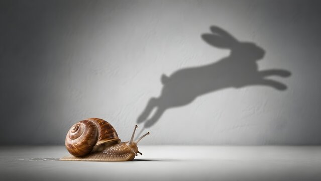 Hidden potential concept featuring a snail casting a fast rabbit shadow representing agility and business transformation