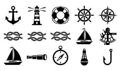 Nautical Sea Adventure Silhouette Icon Set with Anchor Lighthouse Ship Wheel Lifebuoy Sailing Boat Compass Rope Knots Hook and Telescope Graphic Designs © Hosneara