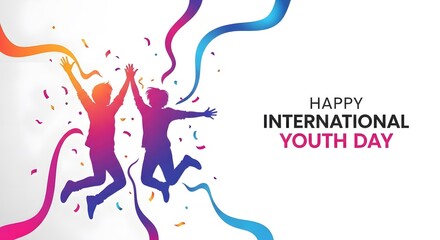 Obraz premium Happy international youth day celebration with jumping silhouettes isolated on white background