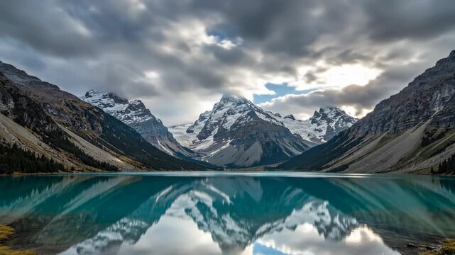 Majestic mountain lake reflecting snow capped peaks and dramatic cloudy sky, serene wilderness landscape