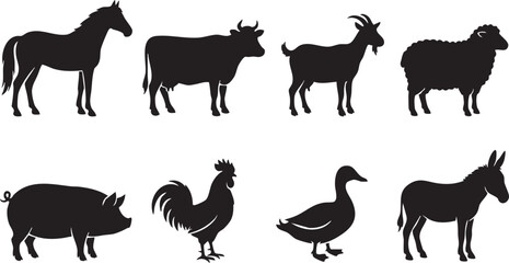 Fototapeta premium Black silhouette collection of farm animals isolated on white background.