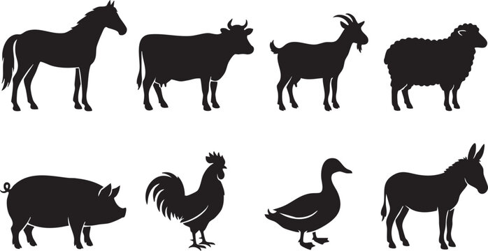 Black silhouette collection of farm animals isolated on white background.
