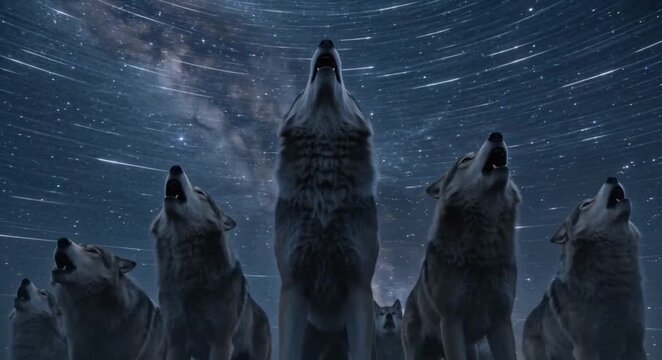 A Majestic Wolf Pack Howling Together Under the Starry Night Sky and the Expansive Milky Way