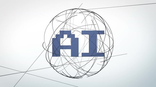 Pixel-style AI letters sit inside a sketched rotating wire globe, symbolizing global networks and data infrastructure, a clean concept visual for technology and business marketing