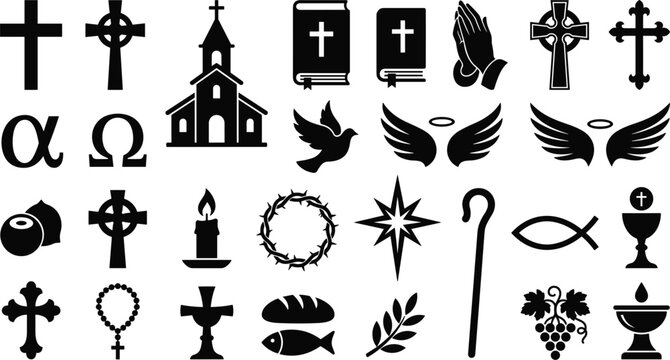 Christian Religious Silhouette Icon Set with Crosses, Church Building, Holy Bible, Praying Hands, Dove, Angel Wings, Crown of Thorns, and Communion Symbols