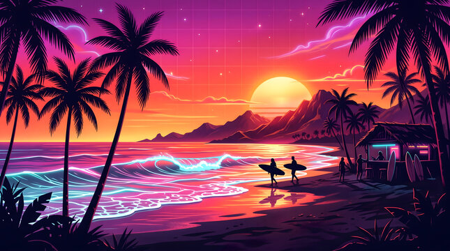 Minimalist Vaporwave Retro Beach Sunset Vector Graphic with Glowing Sun and Grid Wave Lines