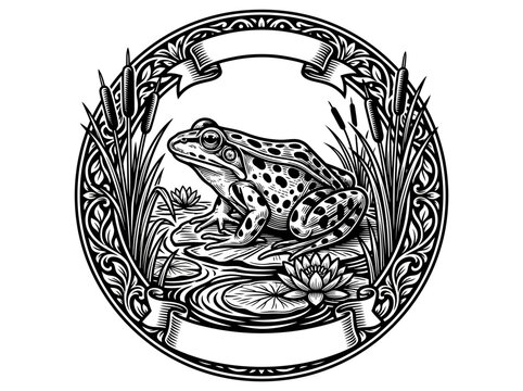 Vintage Woodcut Frog Emblem with Blank Banners and Pond Life Illustration