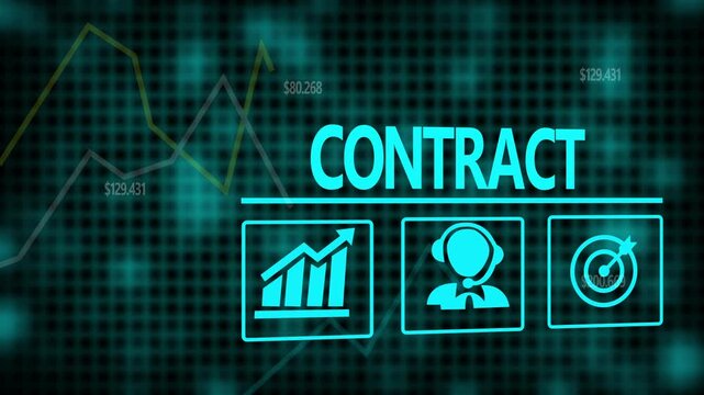 Contract business concept on a flashing computer monitor with moving graphs and data.