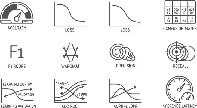 Machine learning performance graphs and metrics: accuracy, loss, confusion matrix, F1 score, precision, recall.