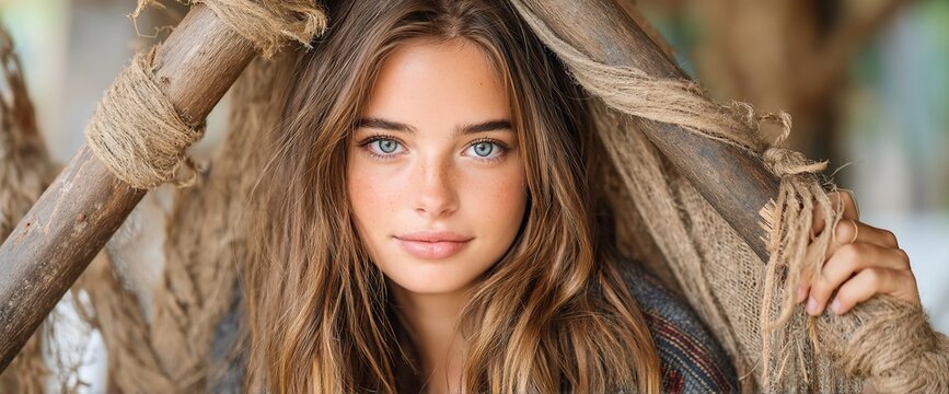 Young woman framed by rustic wood & rope, gazing serenely. Long, wavy brown hair, piercing blue eyes