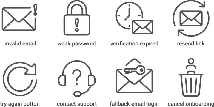 Email and account icons invalid email weak password verification expired resend link retry cancel onboarding.