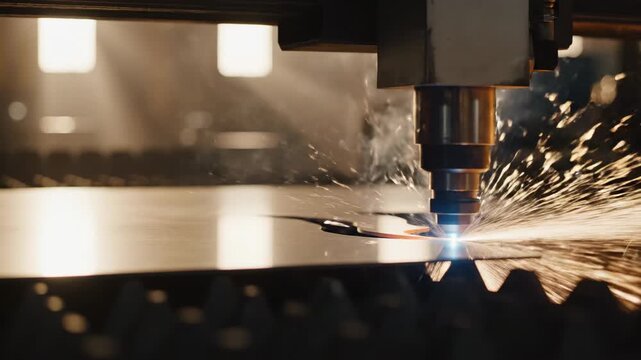 Automated industrial laser cutter precisely engraving metal sheet, creating sparks and smoke in a factory setting, representing precision manufacturing and advanced technology