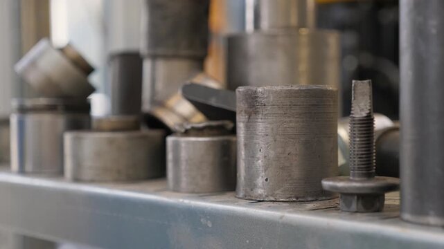 Close-up of a shelf with silent blocks at a car service station, various tools and accessories. A modern auto repair shop. Replacement of the silent block. Stable image.