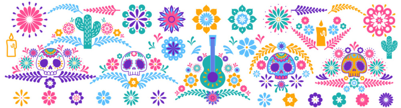 Mexican fiesta frame elements, colorful ornamental borders and festive folk patterns with flowers, skull, guitar, candle and cactus. Cinco de Mayo party invites decoration icons on white background