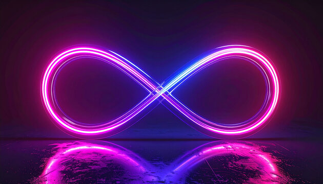 Glowing neon infinity sign on dark background, symbol of eternity, endless and unlimited concept, modern minimal design, soft glow, futuristic aesthetic.