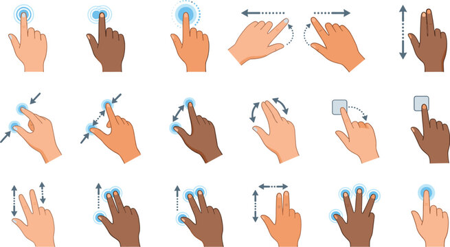 Touch screen hand gestures vector collection set featuring tap scroll swipe pinch zoom drag and multi touch icons isolated on white background for interface design