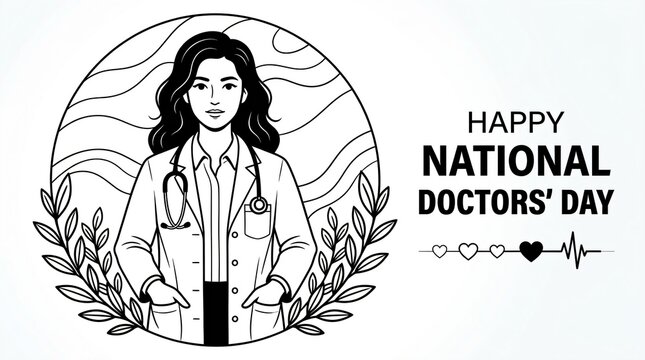 Happy national doctors day greeting with stethoscope and heart beat line.