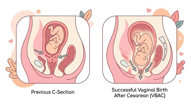 Childbirth anatomy, featuring previous c-section and a successful vaginal birth after cesarean process for education.