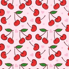 Cute Cherry Seamless Pattern with Red Hand Drawn Cherries, Green Leaves, Pink Hearts, and Soft Pastel Background for Fabric, Wrapping Paper, Wallpaper, Packaging, Stationery, and Kids Products © WE.ARE.AI