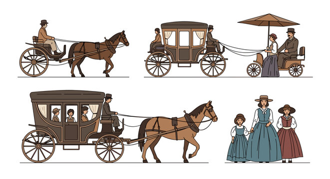 Vintage Horse-Drawn Carriages and People in Historical Attire