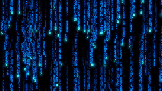 Complex abstract digital design with overlapping blue and green numbers and symbols on a dark background, ideal for user interface design, technology visuals, and modern digital art projects.